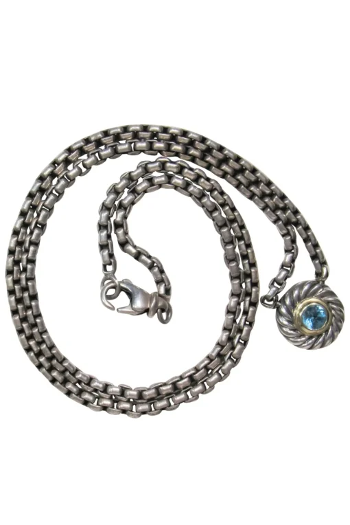 David Yurman - Sterling Silver Chain Link Necklace w/ Twisted Blue Gem Pendant