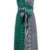 Delfi - Green & White Striped Pleated Maxi Faux Wrap Dress Sz XS
