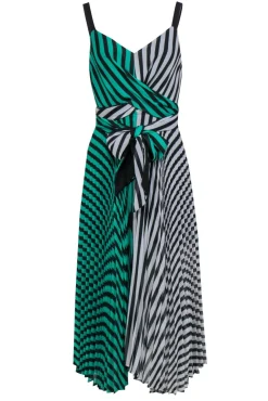 Delfi - Green & White Striped Pleated Maxi Faux Wrap Dress Sz XS