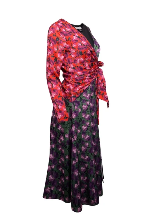 Delficollective - Green, Purple, Orange, & Pink Floral Print Wrap Bodice Dress Sz XS