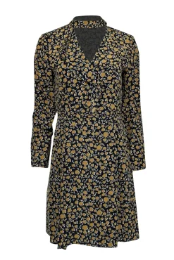 Derek Lam - Black & Tan Print Silk Ruffle Front Long Sleeve Dress Sz 4