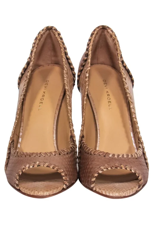 Devi Kroell - Beige Snakeskin Peep Toe Pumps w/ Stitched Trim Sz 6.5