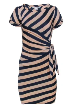 Diane von Furstenberg - Beige & Navy Blue Stripe Dress w/ Side Ruche Sz 0