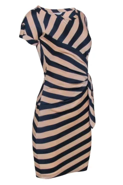 Diane von Furstenberg - Beige & Navy Blue Stripe Dress w/ Side Ruche Sz 0
