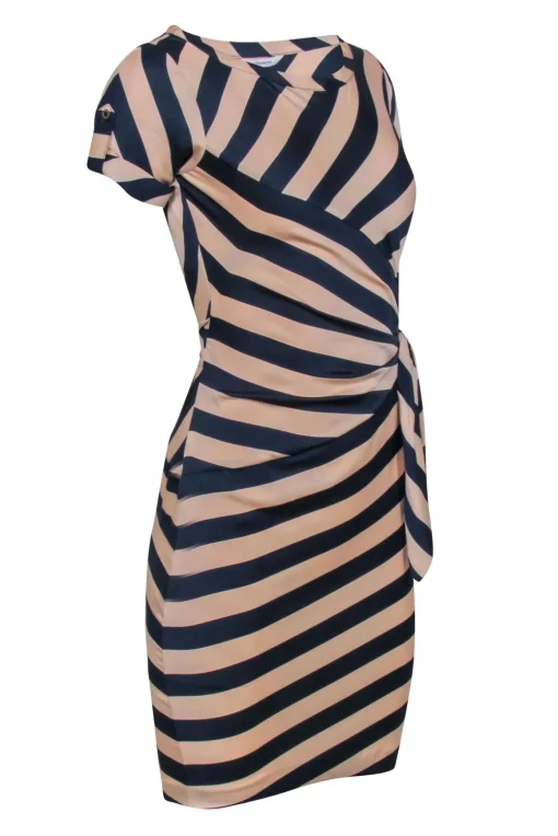Diane von Furstenberg - Beige & Navy Blue Stripe Dress w/ Side Ruche Sz 0