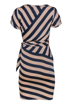 Diane von Furstenberg - Beige & Navy Blue Stripe Dress w/ Side Ruche Sz 0