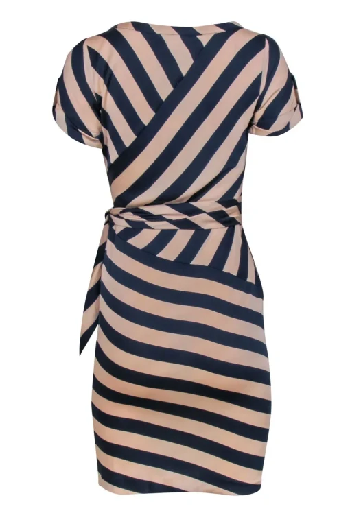 Diane von Furstenberg - Beige & Navy Blue Stripe Dress w/ Side Ruche Sz 0