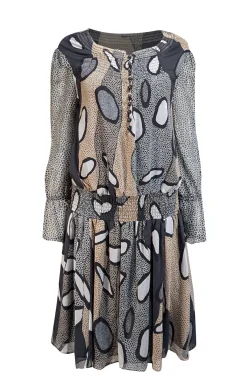 Diane von Furstenberg - Black, White, & Tan Print Silk Blouson Dress Sz 6