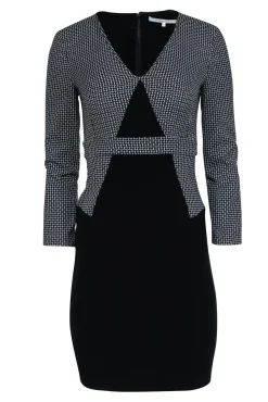 Diane von Furstenberg - Black & White Long Sleeve Printed Sheath Dress Sz 0