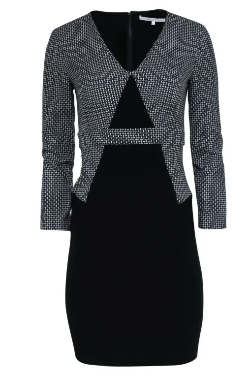 Diane von Furstenberg - Black & White Long Sleeve Printed Sheath Dress Sz 0