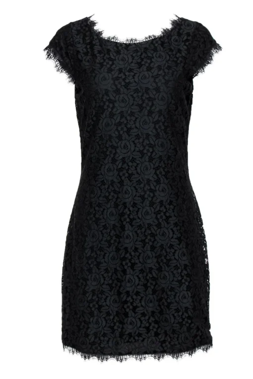 Diane von Furstenberg - Black Floral Lace Cap Sleeve "Zarita" Bodycon Dress Sz 8