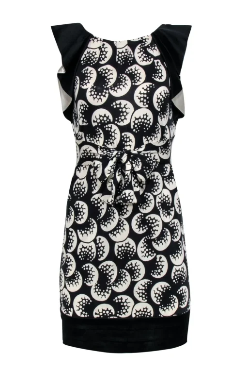 Diane von Furstenberg - Black & White Printed Shift Dress w/ Flutter Sleeves Sz 2