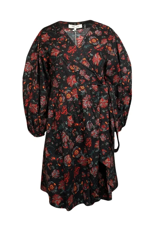 Diane von Furstenberg - Black w/ Red Floral Print Poplin Wrap Dress Sz 8