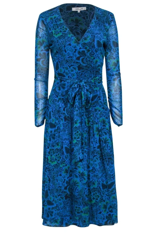 Diane von Furstenberg - Blue & Green Floral & Leaf Print Wrap Dress Sz S