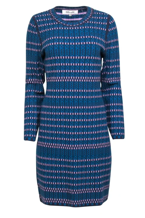 Diane von Furstenberg - Blue & Purple Knit Long Sleeve Sheath Dress Sz L