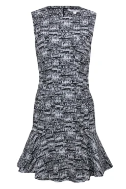 Diane von Furstenberg - Black & White Textured Printed Flared Hem Dress Sz 6