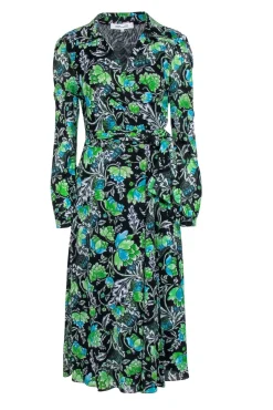 Diane von Furstenberg - Black & Green Floral Long Sleeve Wrap Dress Sz M