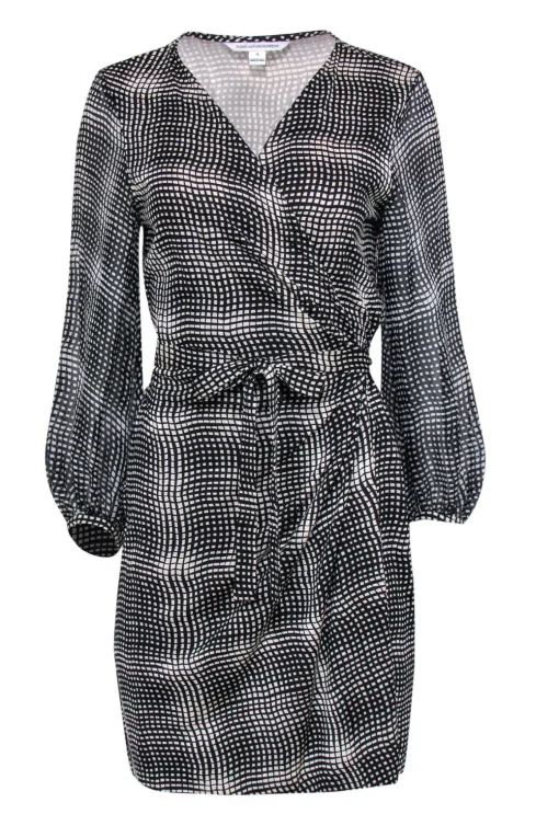 Diane von Furstenberg - Black & White Plaid Printed Silk Wrap Dress Sz 12
