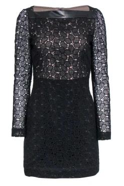 Diane von Furstenberg - Black Eyelet Lace Overlay Long Sleeve Dress Sz 6