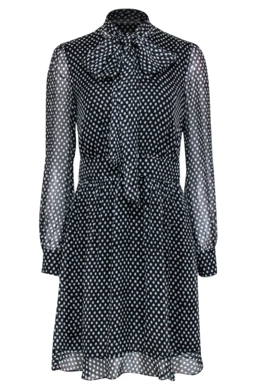 Diane von Furstenberg - Black & White Polka Dot Fit & Flare Silk Dress w/ Bow Sz 6