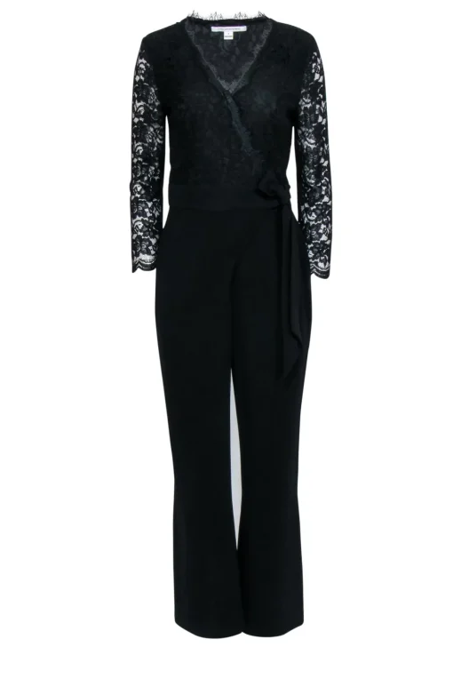 Diane von Furstenberg - Black Lace Top Wrap Jumpsuit w/ Wide Leg Sz 8