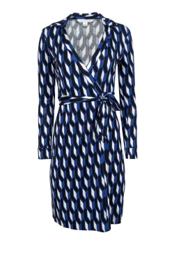 Diane von Furstenberg - Blue, White, & Black Geometric Printed Wrap Dress Sz 0