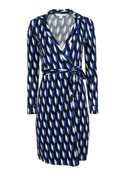 Diane von Furstenberg - Blue, White, & Black Geometric Printed Wrap Dress Sz 0