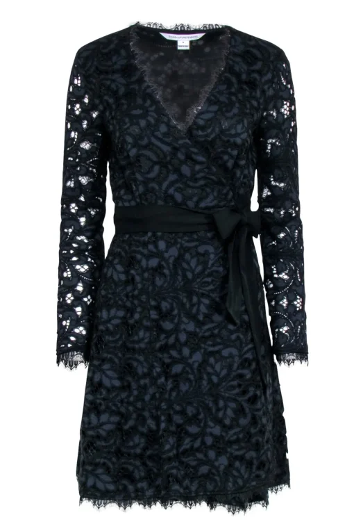 Diane von Furstenberg - Black & Navy Lace Wrap Dress Sz 6