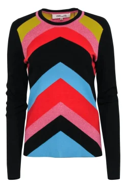 Diane von Furstenberg - Black & Multi Color Metallic Print Sweater Sz M