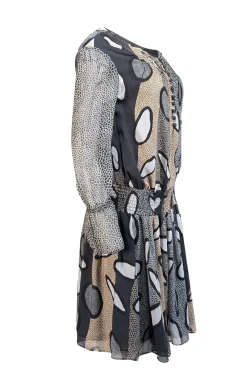 Diane von Furstenberg - Black, White, & Tan Print Silk Blouson Dress Sz 6