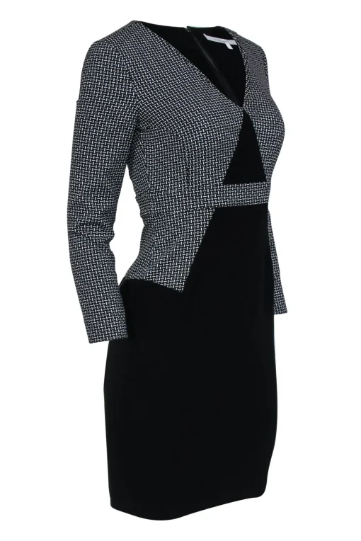 Diane von Furstenberg - Black & White Long Sleeve Printed Sheath Dress Sz 0