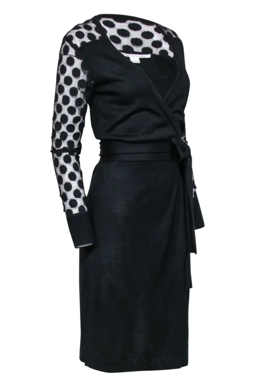 Diane von Furstenberg - Black Wrap Dress w/ Semi Sheer Polka Dot Sleeves Sz S