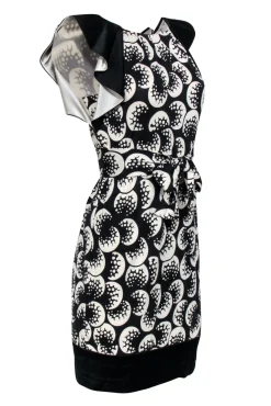 Diane von Furstenberg - Black & White Printed Shift Dress w/ Flutter Sleeves Sz 2