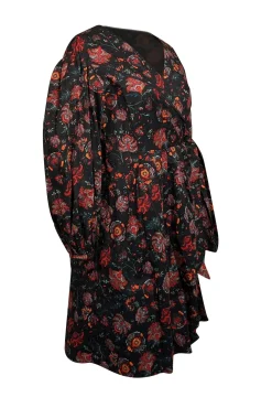 Diane von Furstenberg - Black w/ Red Floral Print Poplin Wrap Dress Sz 8
