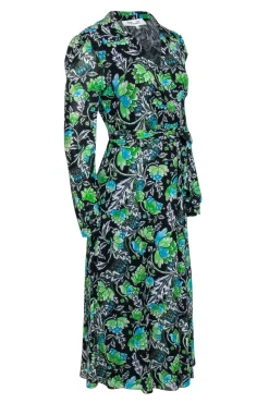 Diane von Furstenberg - Black & Green Floral Long Sleeve Wrap Dress Sz M