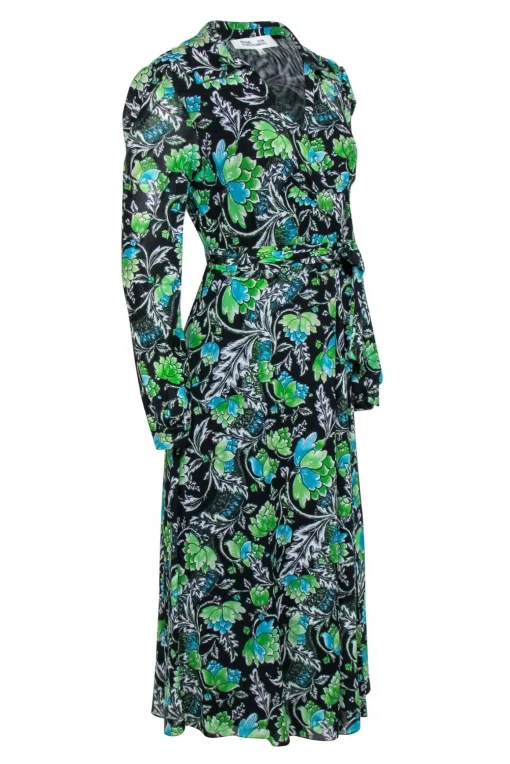 Diane von Furstenberg - Black & Green Floral Long Sleeve Wrap Dress Sz M