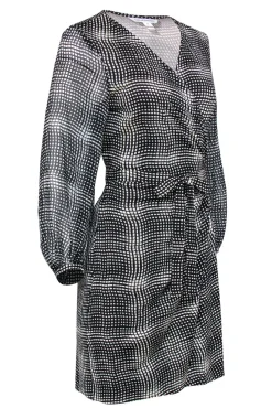 Diane von Furstenberg - Black & White Plaid Printed Silk Wrap Dress Sz 12
