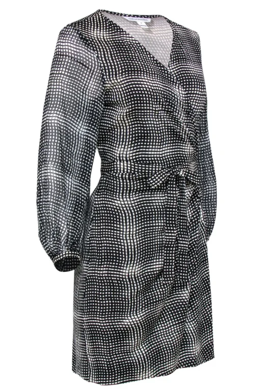 Diane von Furstenberg - Black & White Plaid Printed Silk Wrap Dress Sz 12