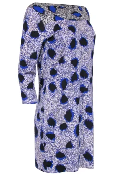 Diane von Furstenberg - Blue & Cream Printed Boat Neck Silk Shift Dress Sz 10