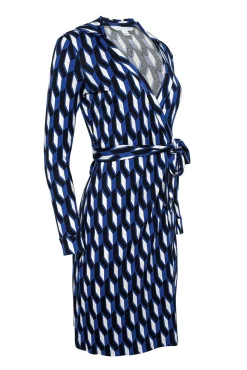Diane von Furstenberg - Blue, White, & Black Geometric Printed Wrap Dress Sz 0
