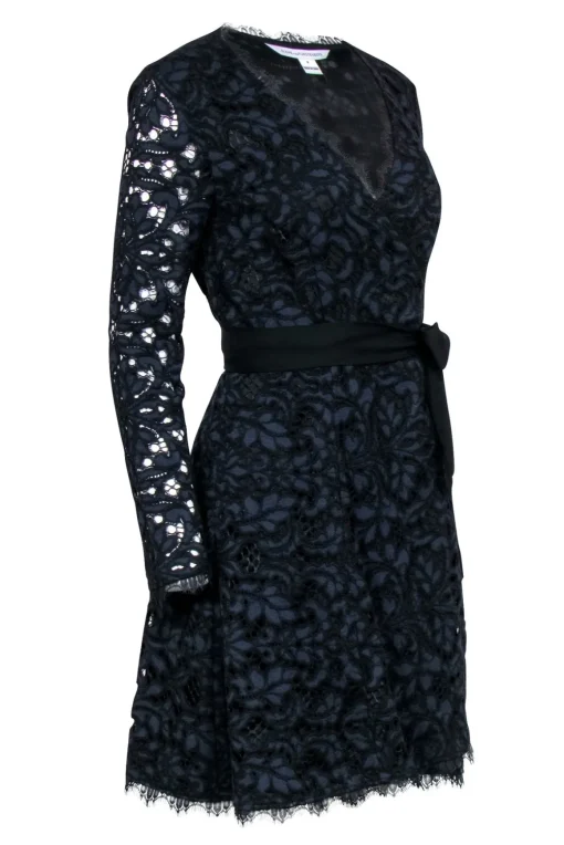 Diane von Furstenberg - Black & Navy Lace Wrap Dress Sz 6