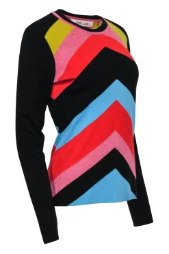 Diane von Furstenberg - Black & Multi Color Metallic Print Sweater Sz M