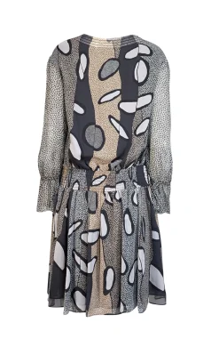 Diane von Furstenberg - Black, White, & Tan Print Silk Blouson Dress Sz 6