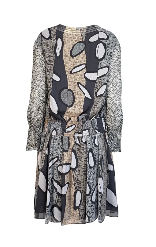 Diane von Furstenberg - Black, White, & Tan Print Silk Blouson Dress Sz 6