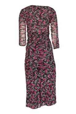 Diane von Furstenberg - Black w/ Pink & Green Floral Print Ruched Mesh Dress Sz XS