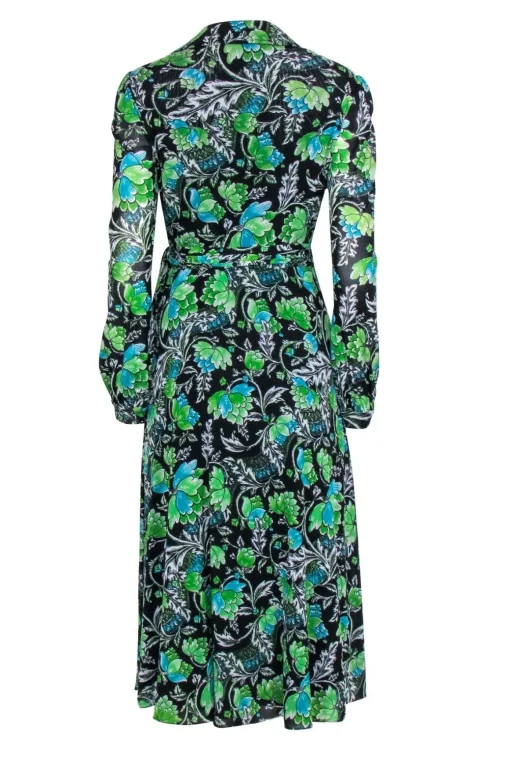 Diane von Furstenberg - Black & Green Floral Long Sleeve Wrap Dress Sz M