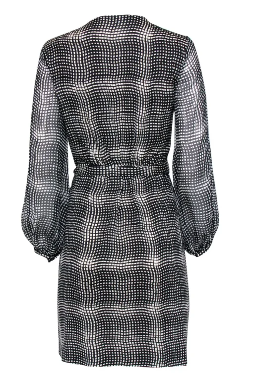 Diane von Furstenberg - Black & White Plaid Printed Silk Wrap Dress Sz 12