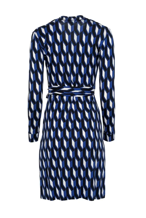 Diane von Furstenberg - Blue, White, & Black Geometric Printed Wrap Dress Sz 0