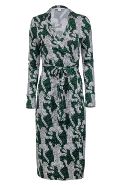Diane von Furstenberg - Green w/ White & Black Leopards Wrap Dress Sz 8