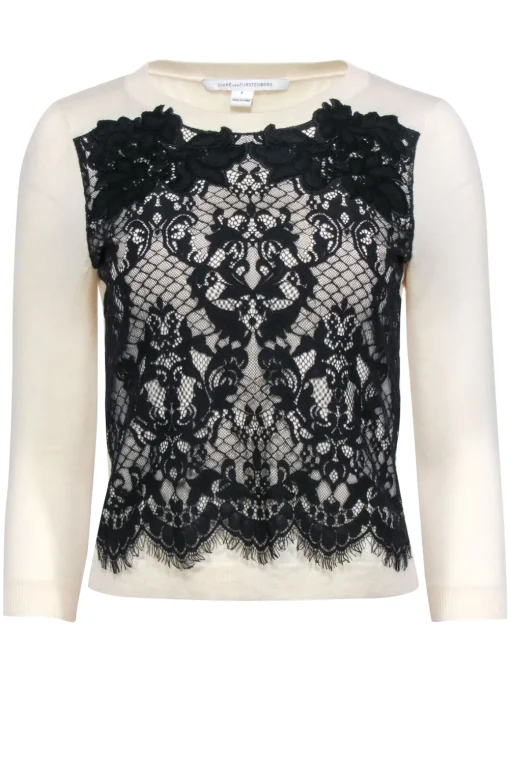 Diane von Furstenberg - Ivory  Wool Blend Sweater w/ Black Lace Detail Sz P